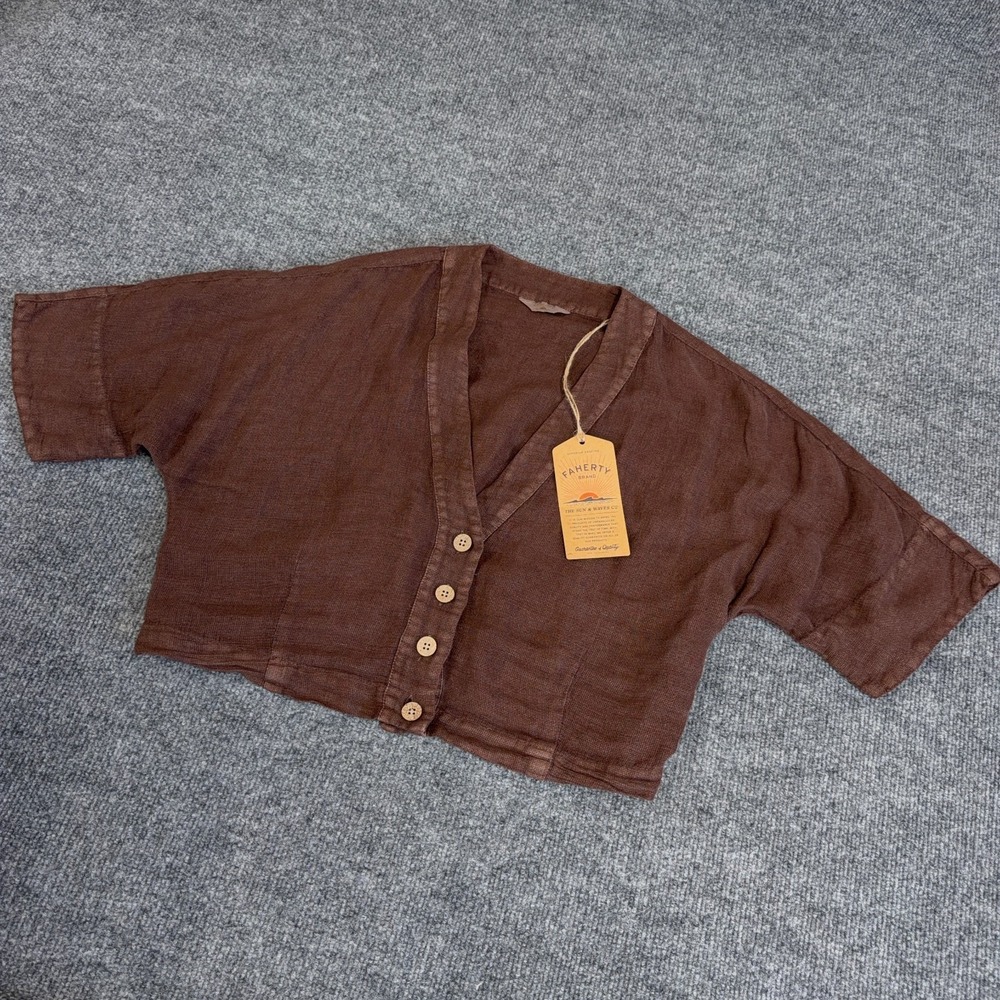 Faherty Top Women Medium Cocoa Brown Palma Linen Avery Shirt Cropped Button NEW
